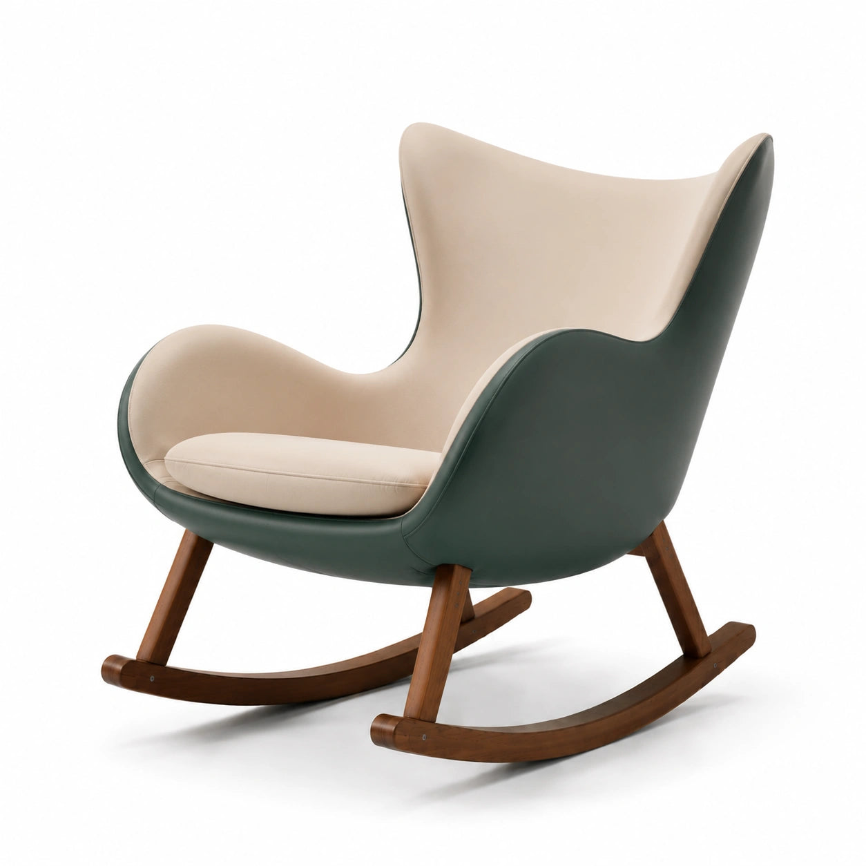 Silla mecedora de tela beige y cuero sintético marrón con base de madera de nogal