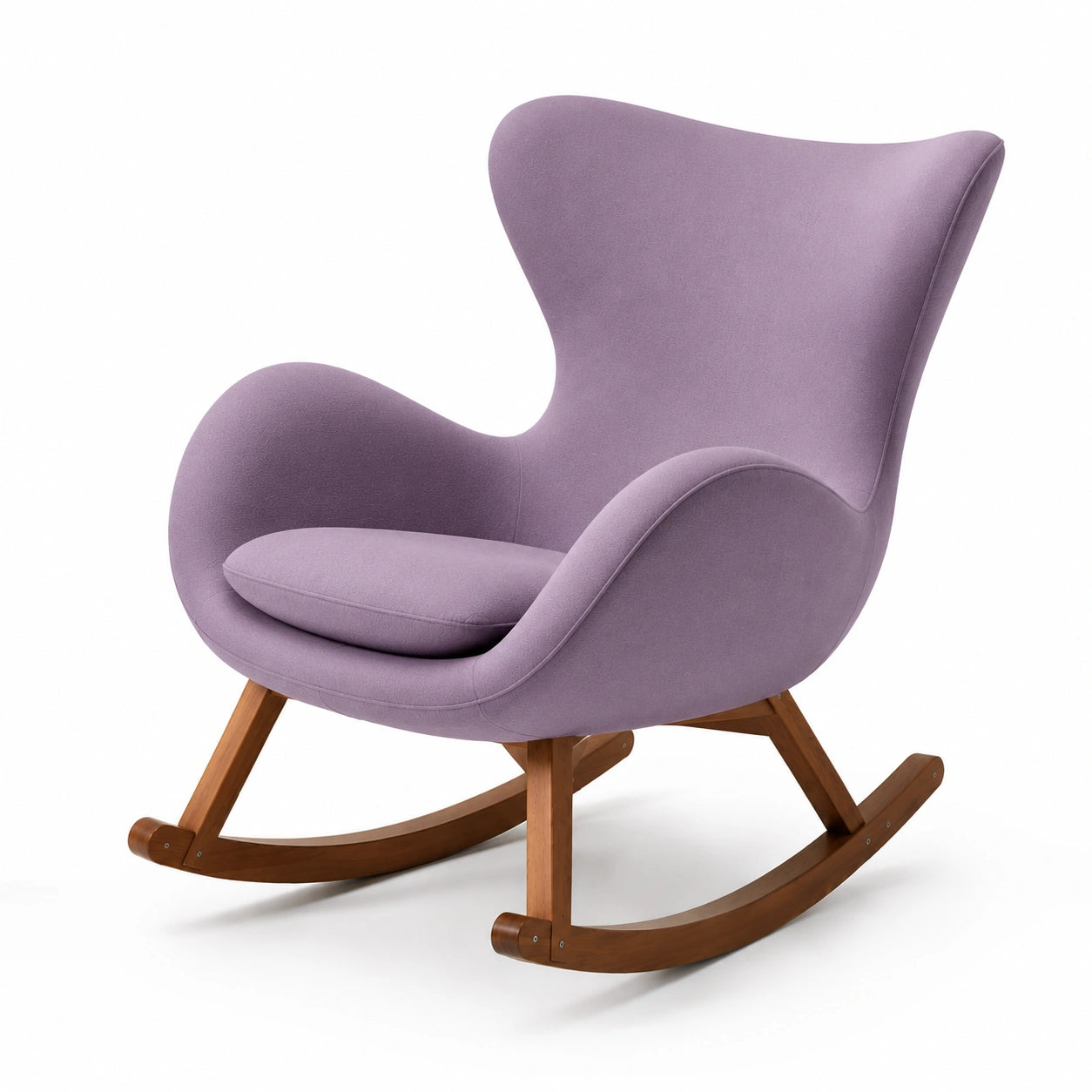 Silla mecedora de tela lavanda con base de nogal
