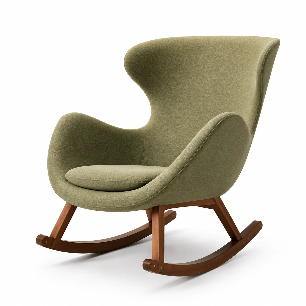 Silla mecedora de tela naranja con estructura de madera