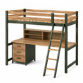 Cama alta de madera con escritorio y escalera de acero