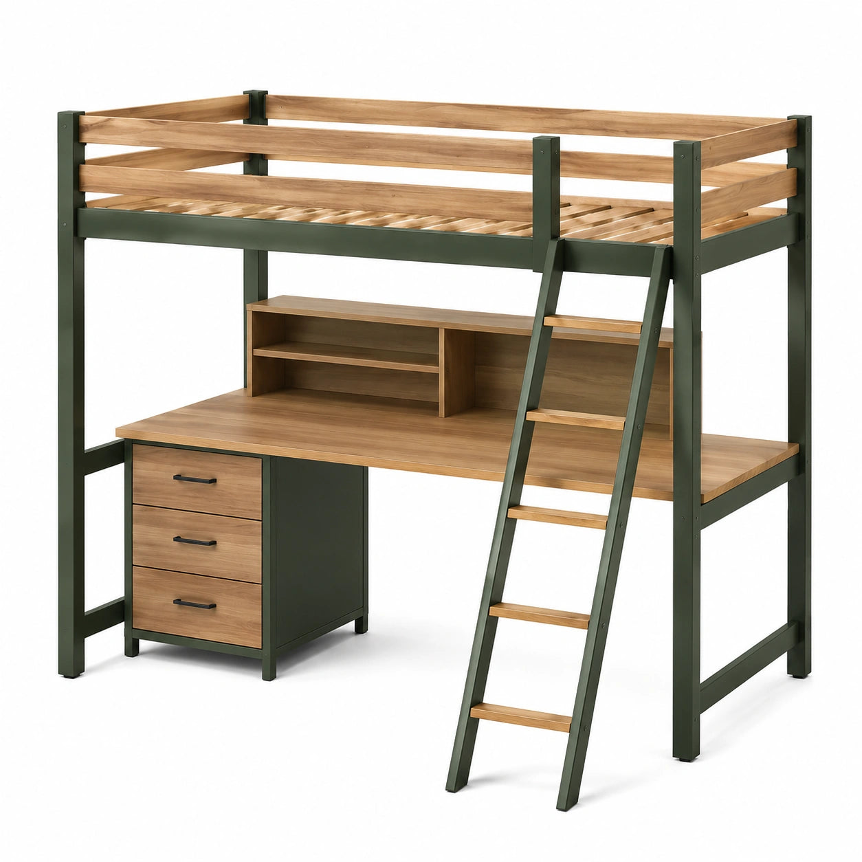 Cama alta de madera con escritorio y escalera de acero