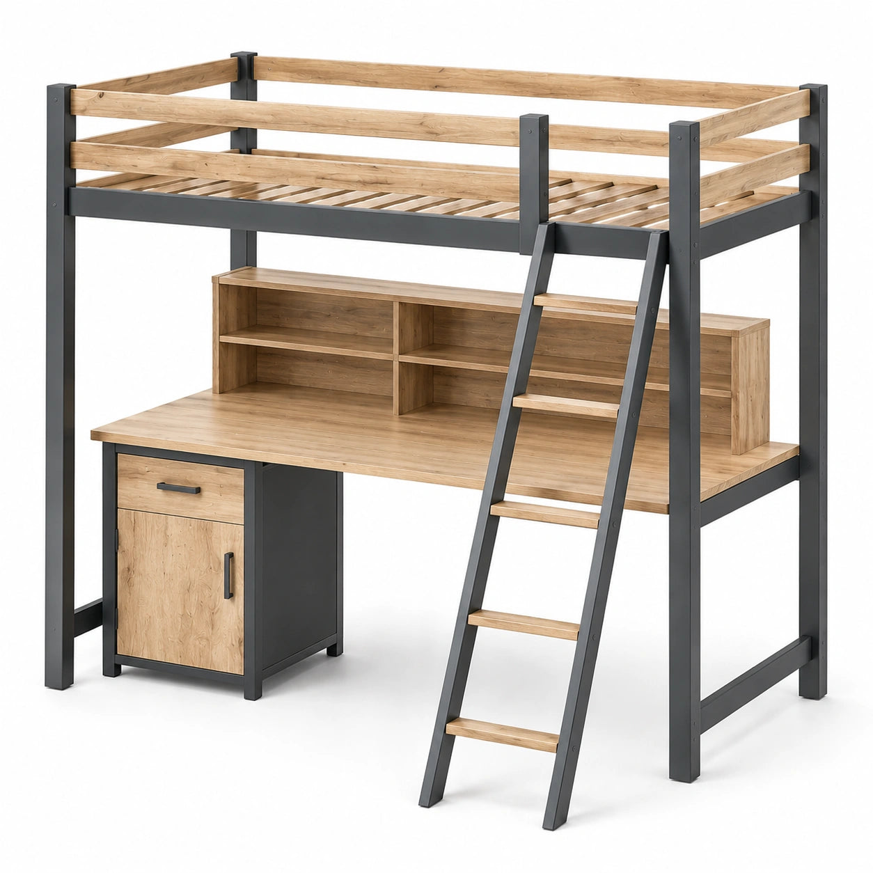 Litera alta de madera y metal negro con escritorio