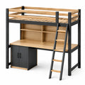 Cama alta de madera y metal con escritorio marrón y negro