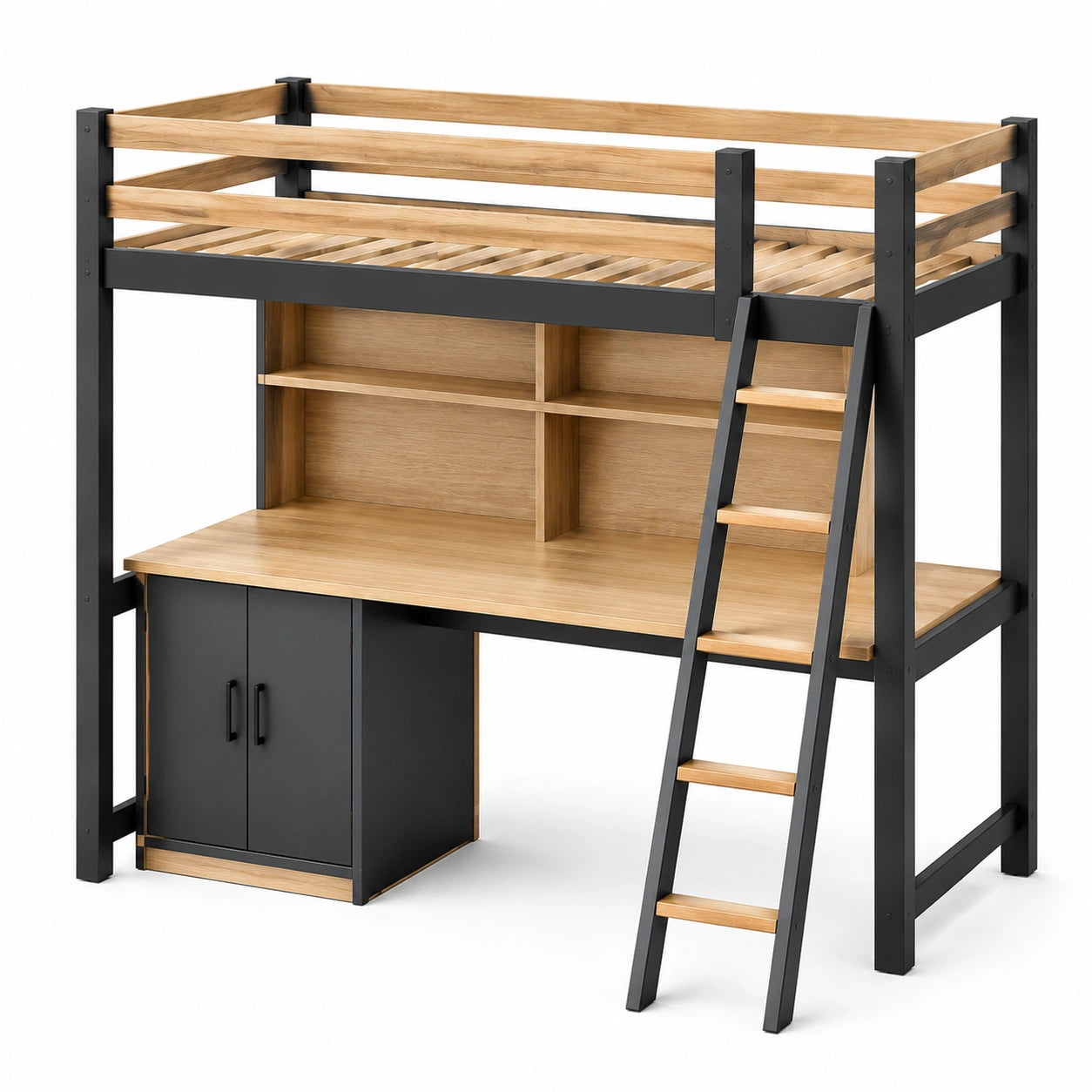 Cama alta de madera y metal con escritorio marrón y negro