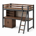 Cama alta de madera y metal con escritorio, color Madera natural y Verde