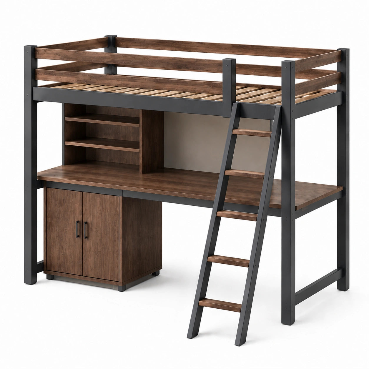 Cama alta de madera y metal con escritorio, color Madera natural y Verde