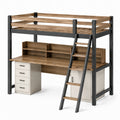 Litera alta de madera y metal con escritorio y almacenamiento