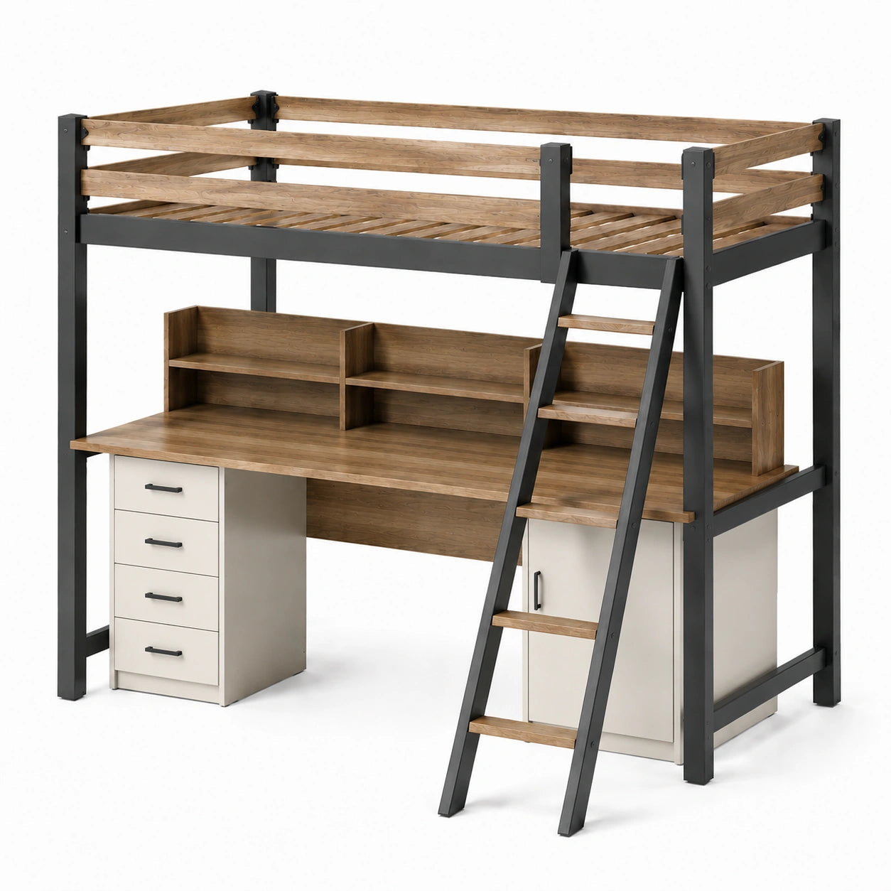 Litera alta de madera y metal con escritorio y almacenamiento