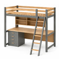 Cama alta de madera y metal con escritorio y escalera integrada