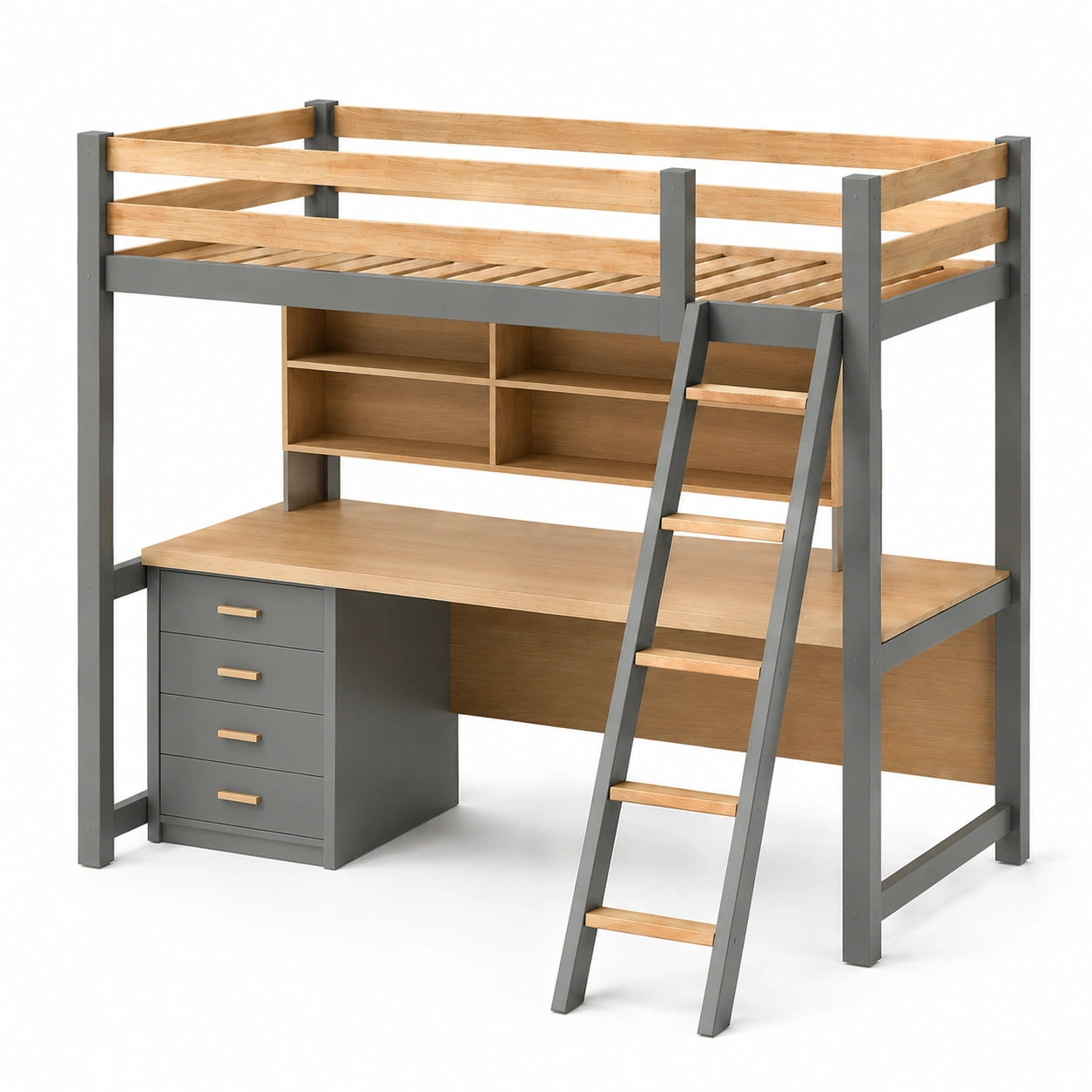 Cama alta de madera y metal con escritorio y escalera integrada