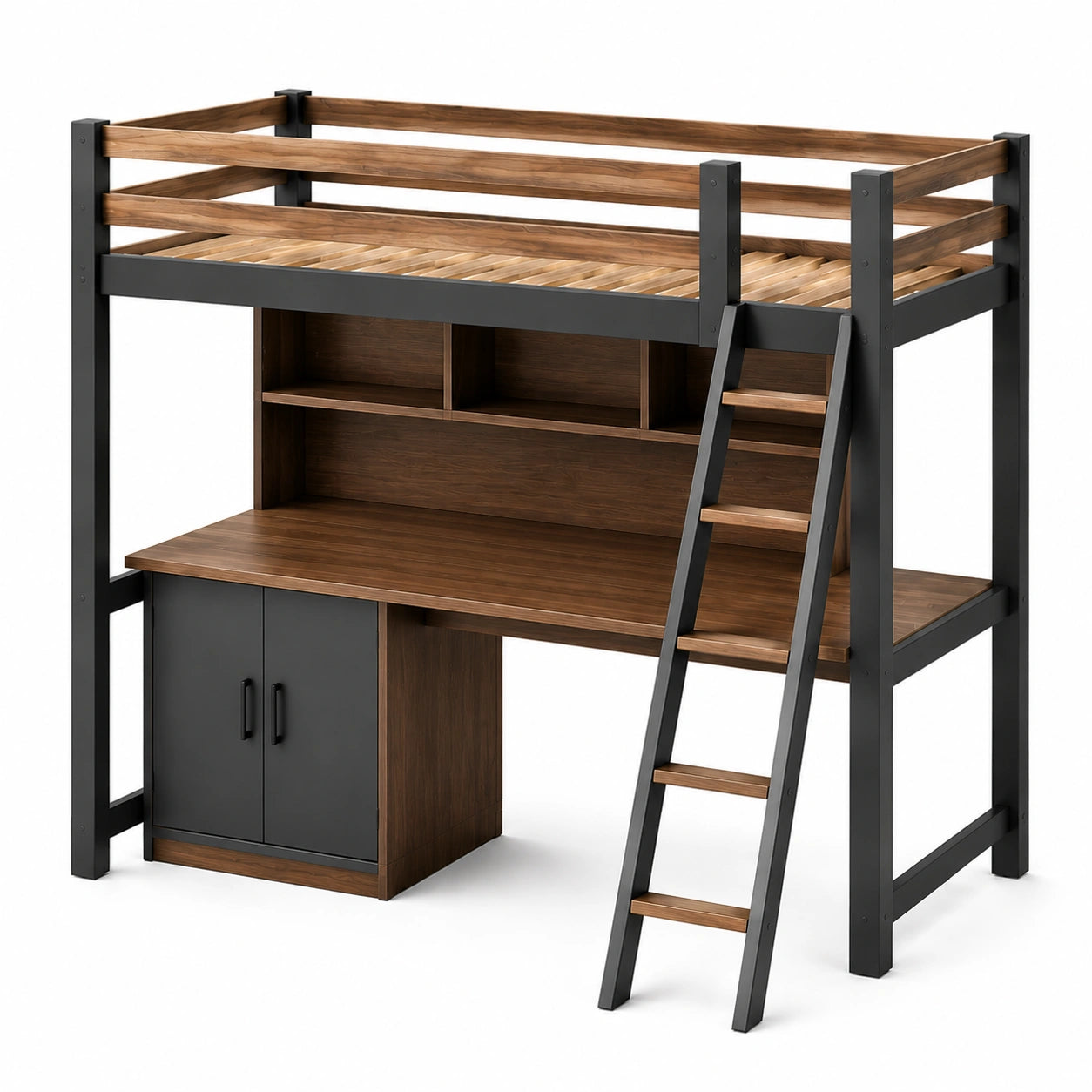 Cama alta de madera con escritorio y almacenamiento