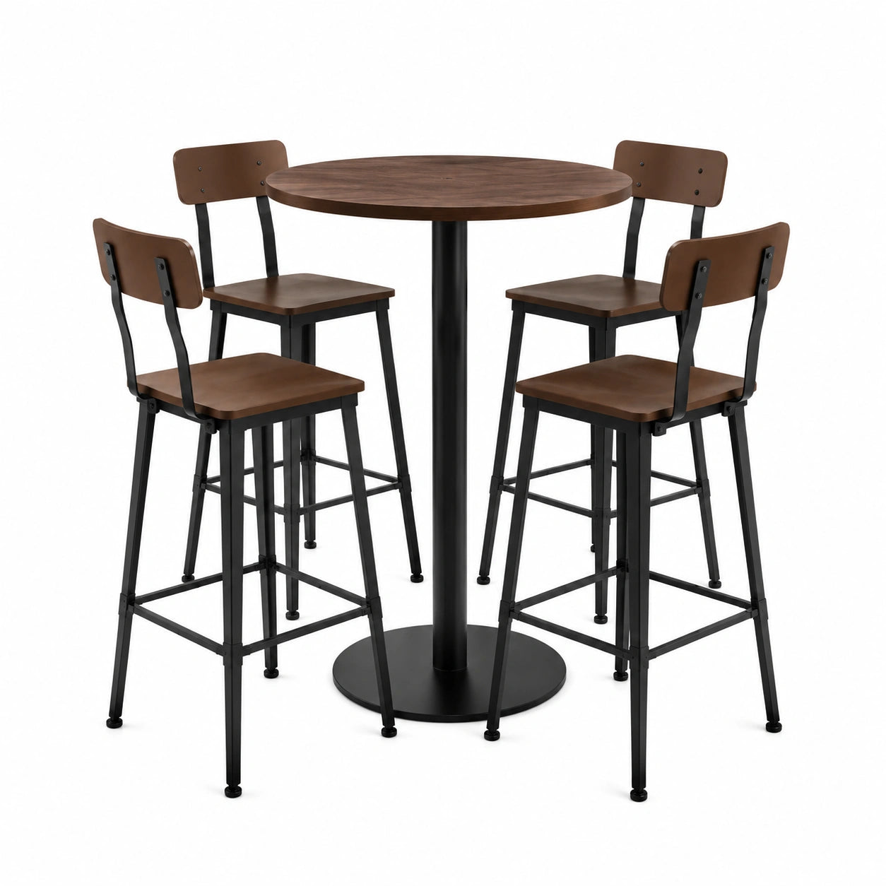 Conjunto de Mesa Alta Redonda y 4 Sillas de Madera y Metal