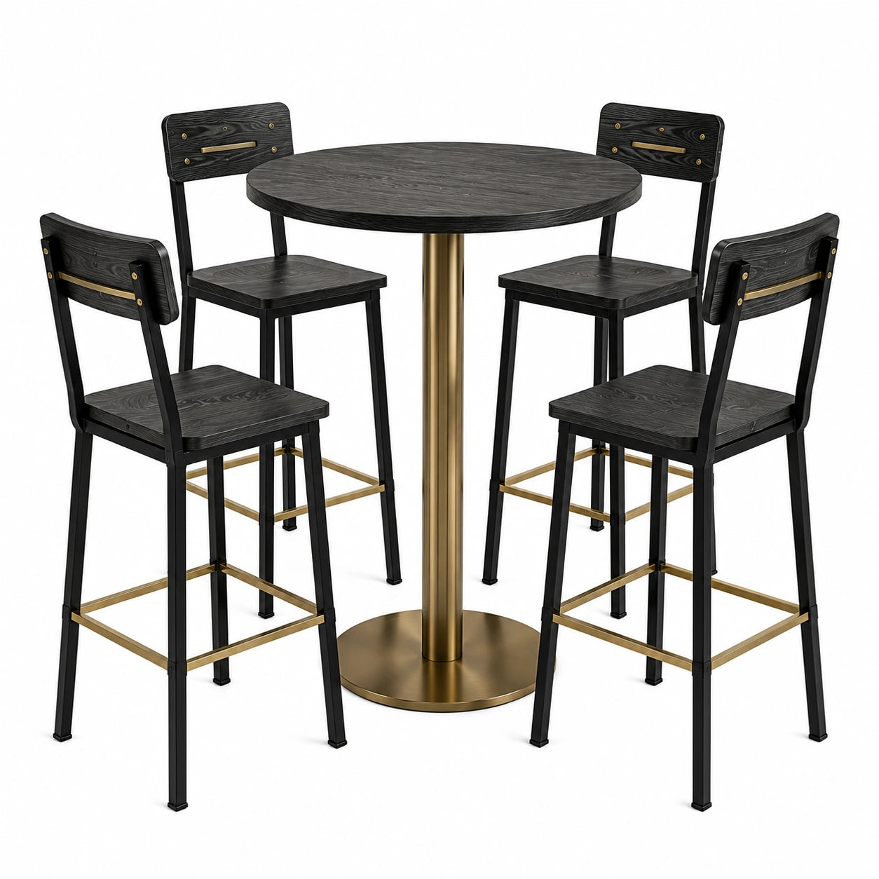 Conjunto de Bar de Madera y Metal con Mesa Cuadrada y 4 Sillas