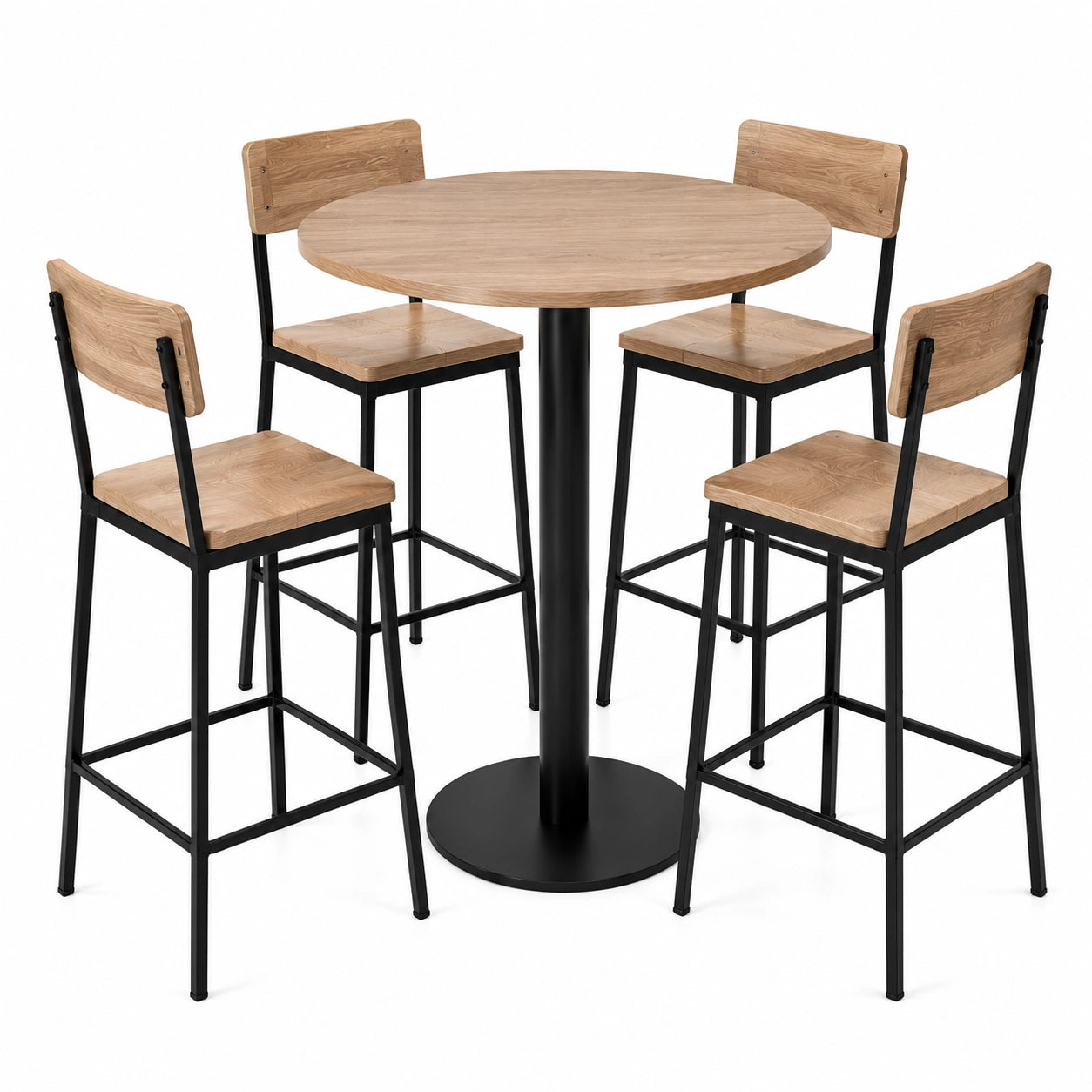 Juego de Mesa Redonda y Cuatro Sillas Altas de Madera y Metal