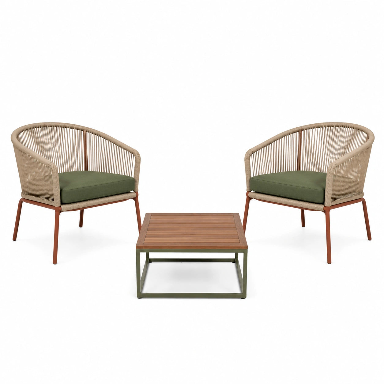 Conjunto de terraza 3 piezas con sillas de cuerda y mesa metal y madera
