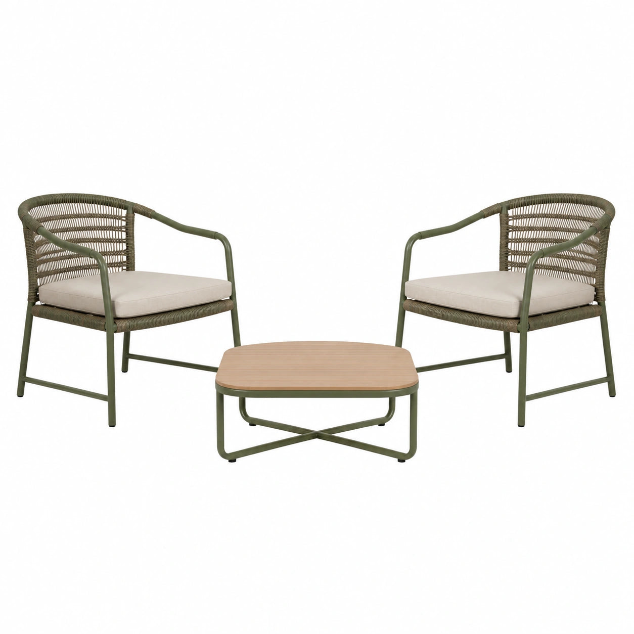 Conjunto de jardín con sillas de metal y mesa de madera de acacia