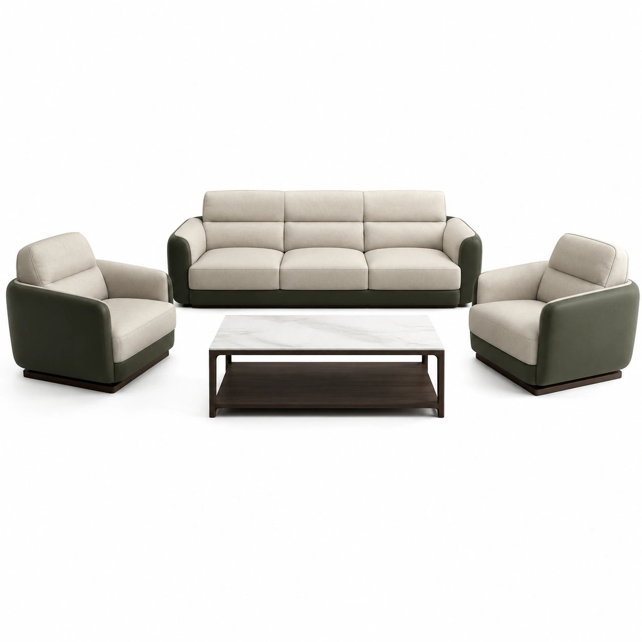 Juego de Sofá y Sillones en Tela Verde y Cuero Sintético Marrón con Mesa de Centro de Madera y Metal