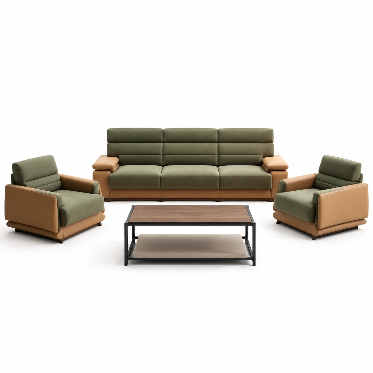 Conjunto de Sofá de Cuero Sintético Verde y Blanco con Mesa de Centro