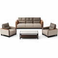 Conjunto de sofás de cuero sintético beige y verde con estructura de madera y mesa de mármol