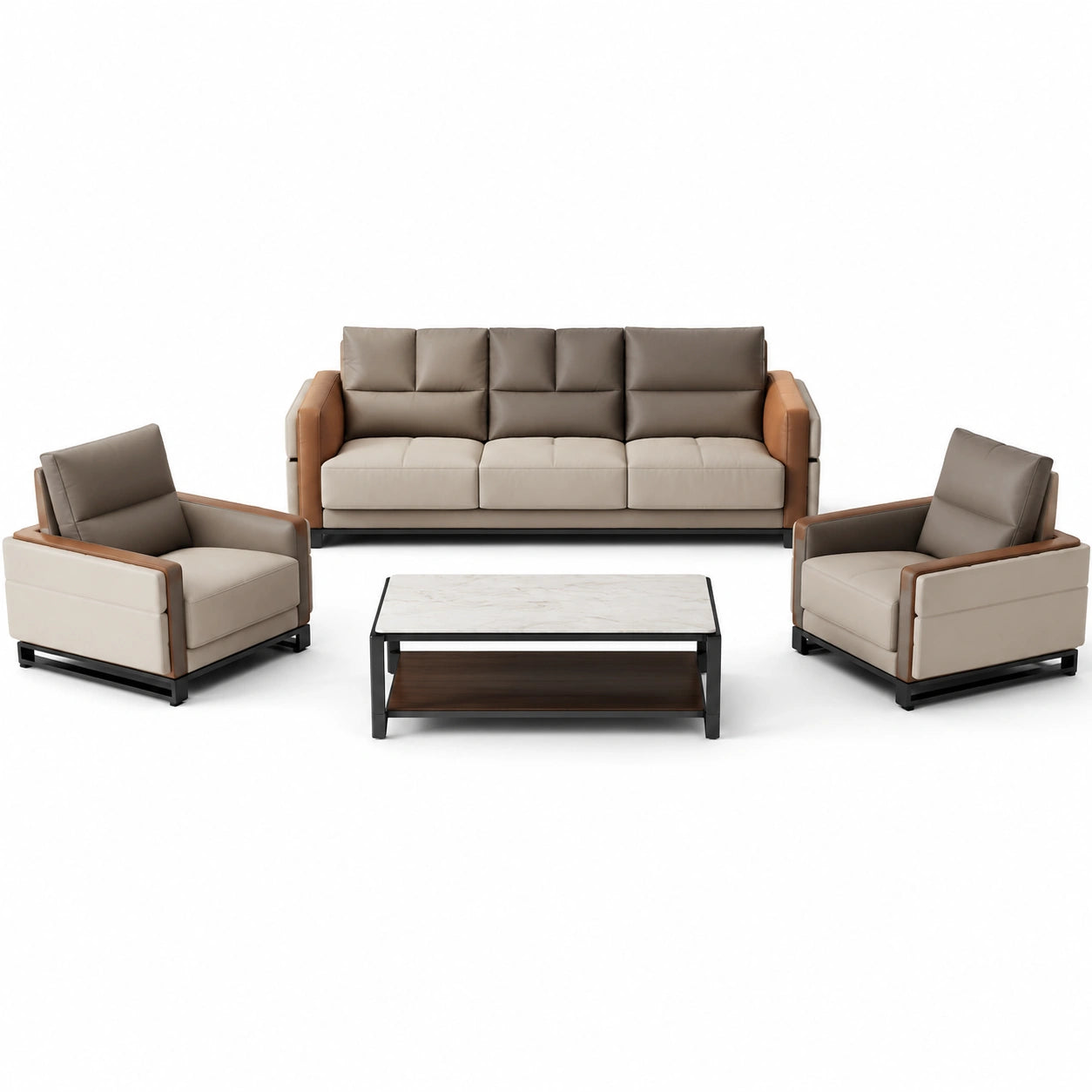 Conjunto de sofás de cuero sintético beige y verde con estructura de madera y mesa de mármol