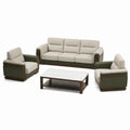 Juego de sala de estar de cuero sintético beige y gris con sofá, sillones y mesa de centro