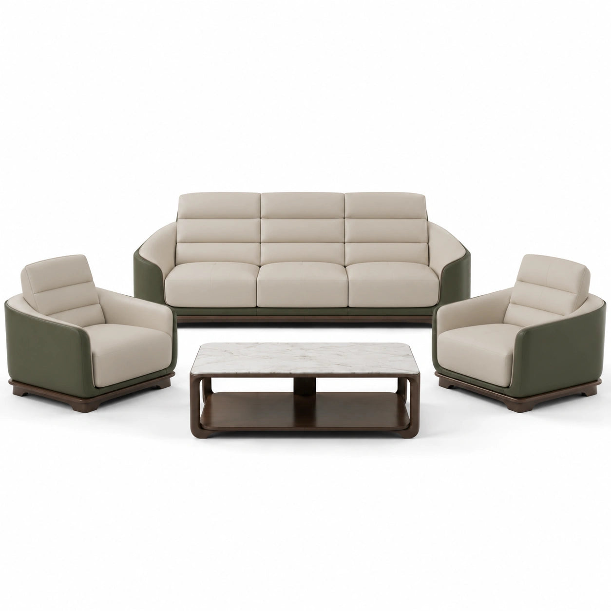 Conjunto de Sofá de 4 Piezas con Tela y Cuero PU Beige/Verde Oliva y Mesa de Centro