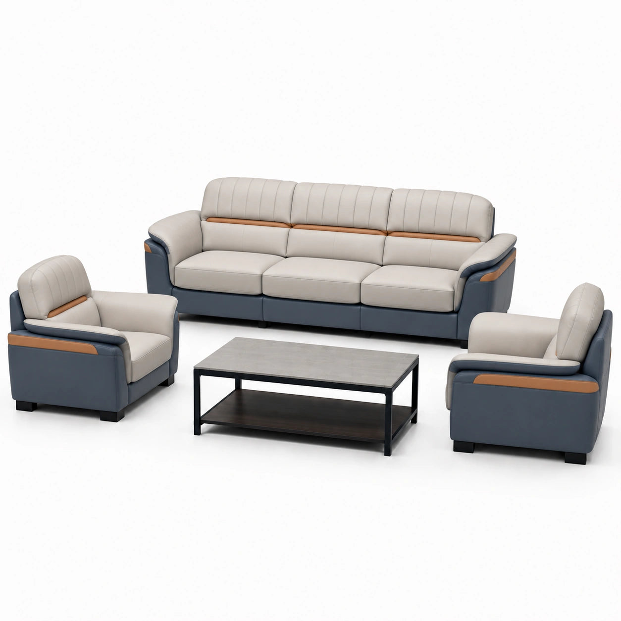 Conjunto de Sofás de Cuero PU Azul y Gris con Mesa de Centro de Mármol y Madera