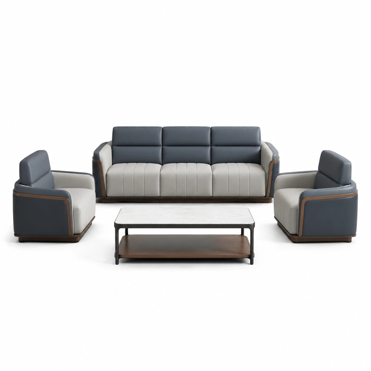 Conjunto de Sofá de Piel Sintética Beige y Verde con Mesa de Centro de Mármol