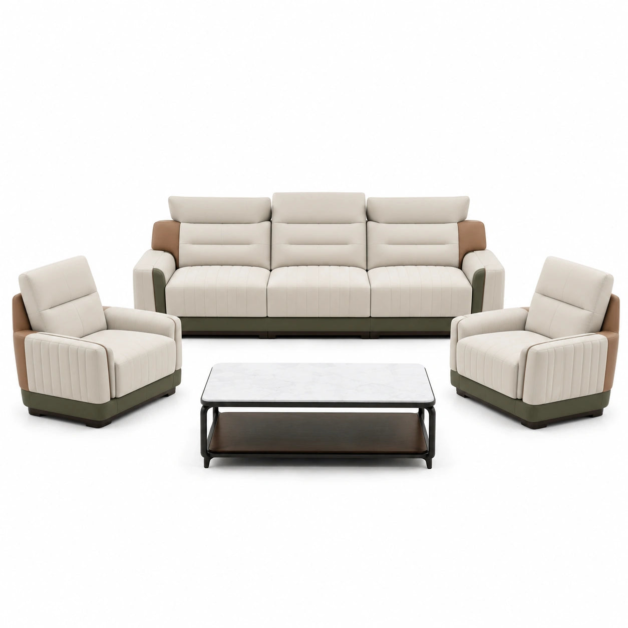 Mecedora Beige y Verde de Tela y Cuero Sintético con Madera