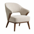 Sillón de tela beige con estructura de madera y piel sintética