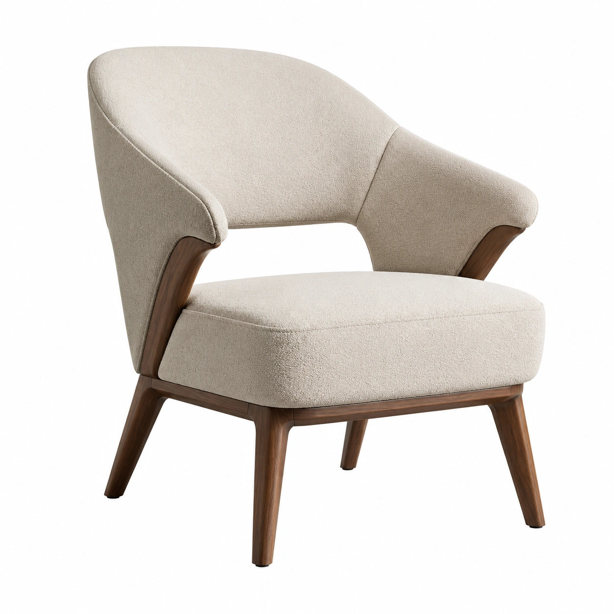 Sillón de tela beige con estructura de madera y piel sintética