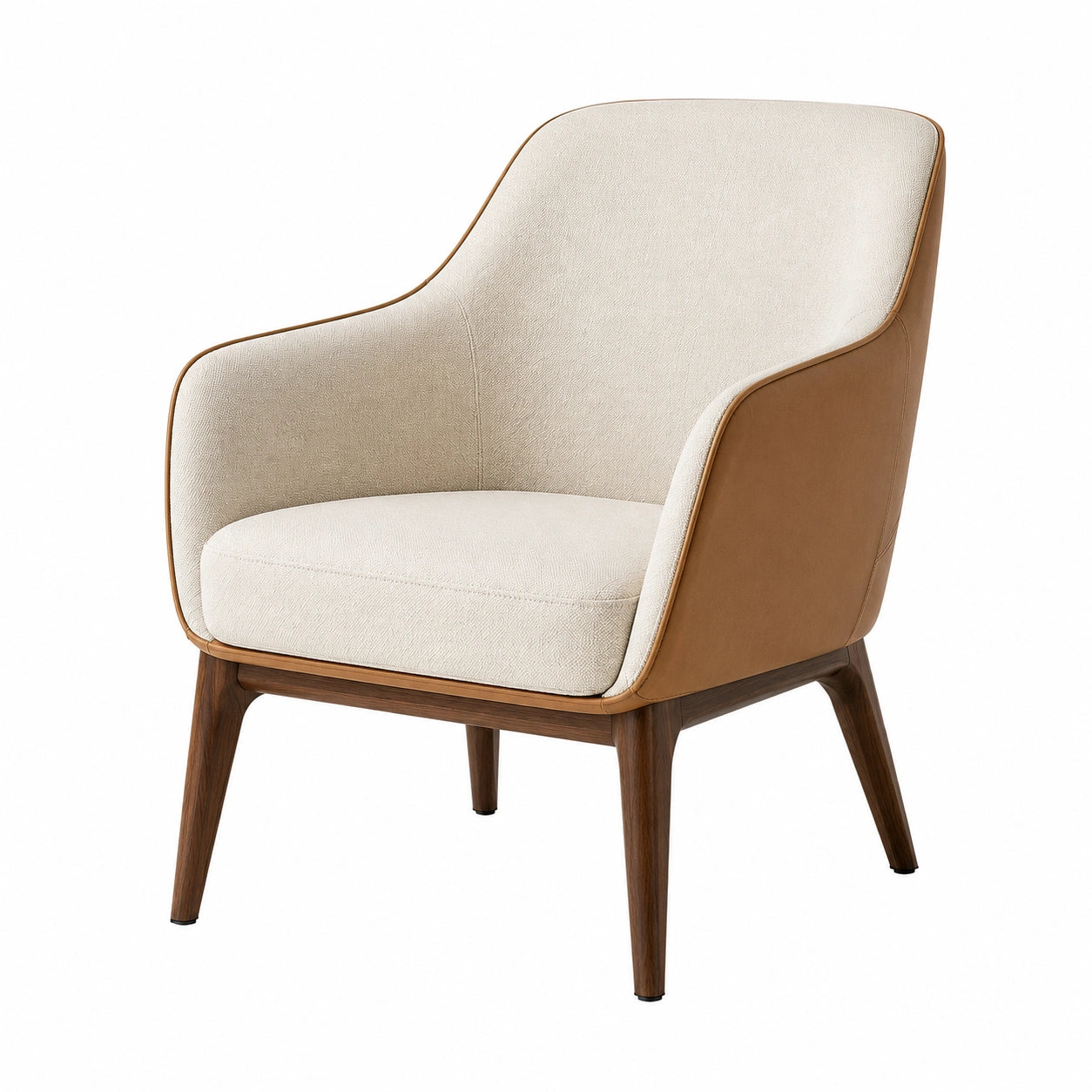 Sillón tapizado en tela beige y cuero marrón con patas de madera de haya