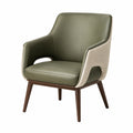 Silla con patas de madera y tapizado de tela azul y beige