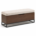Banco de almacenamiento de madera con base metálica y tapizado beige