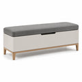 Banco de almacenamiento con cojín tapizado beige, madera de roble y metal
