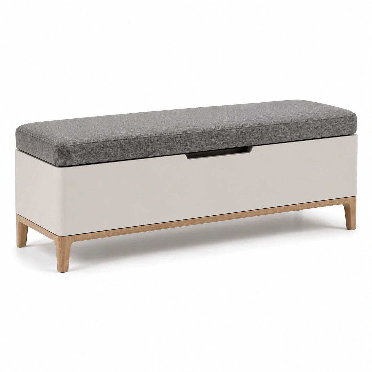 Banco de almacenamiento con cojín tapizado beige, madera de roble y metal