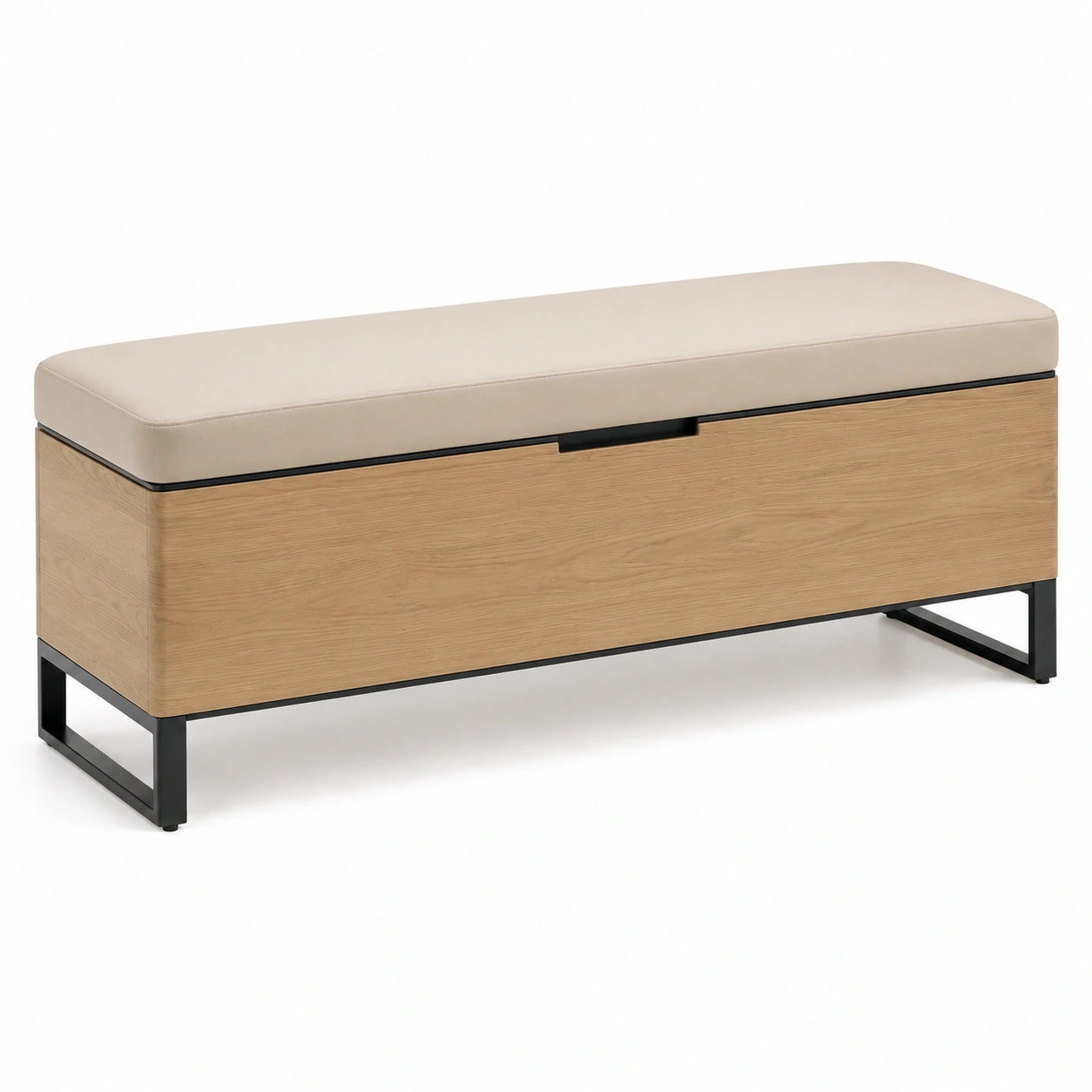 Banco de almacenamiento de madera y metal con cojín beige